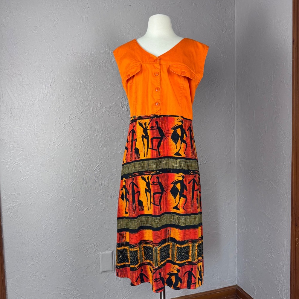 Vintage 2X 90s Orange Tribal Ethnic Print Button Midi Dress Beachy Vacation